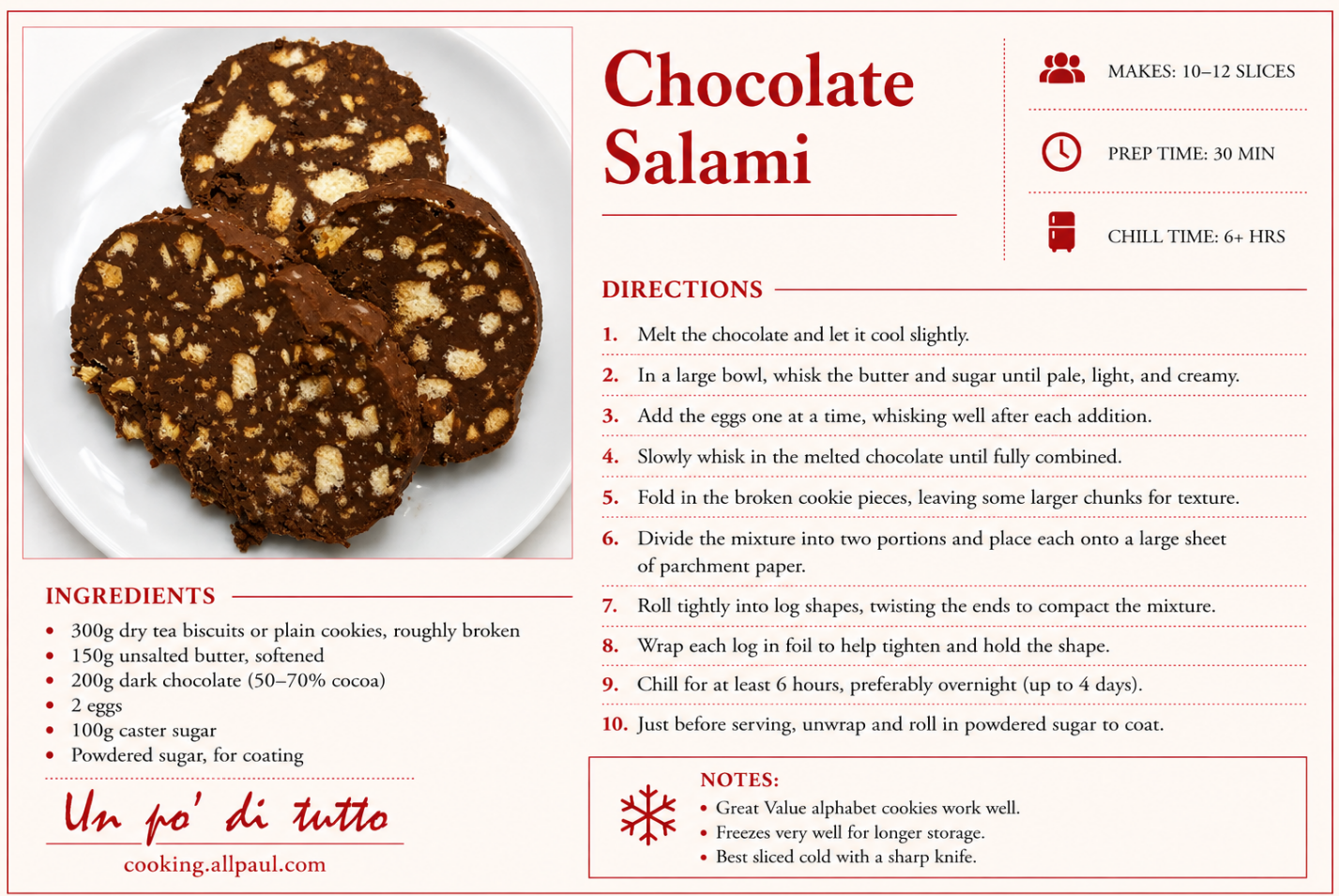 Printable chocolate salami recipe card