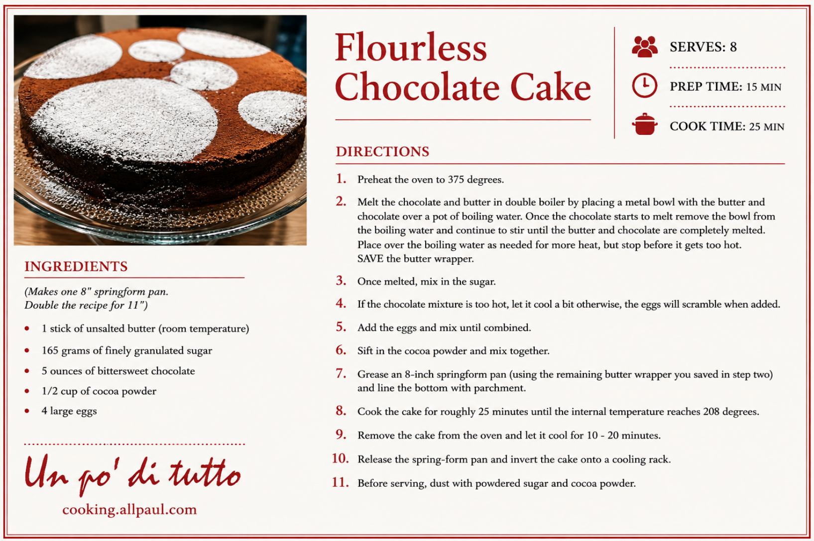 Printable flourless chocolate cake recipe card preview